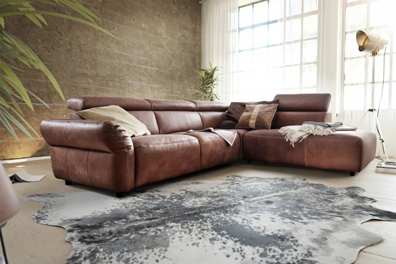 KAWOLA Sofa RISO Ecksofa mit motorischer Sitztiefenverstellung Leder braun
