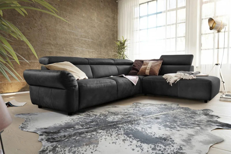 KAWOLA Sofa RISO Ecksofa mit motorischer Sitztiefenverstellung Leder schwarz