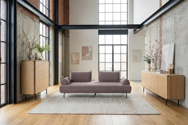 KAWOLA Sofa CANE Schlafsofa Daybed Stoff lila