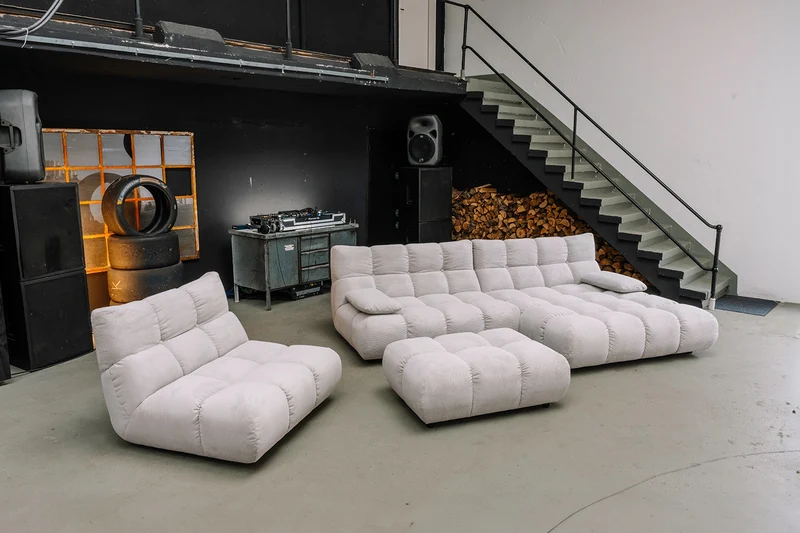 KAWOLA Sitzgruppe VIVIEN Ecksofa Drehsessel Hockerbank Feincord silber