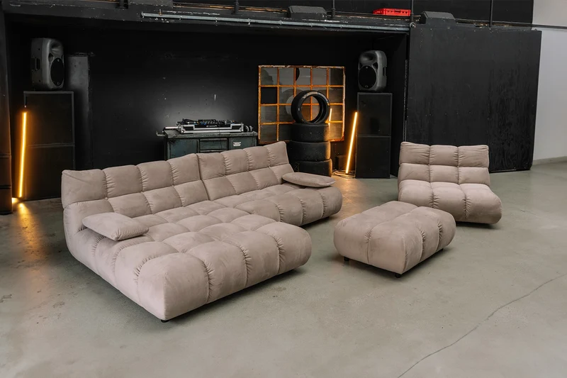 KAWOLA Sitzgruppe VIVIEN Ecksofa Drehsessel Hockerbank Velvet sand