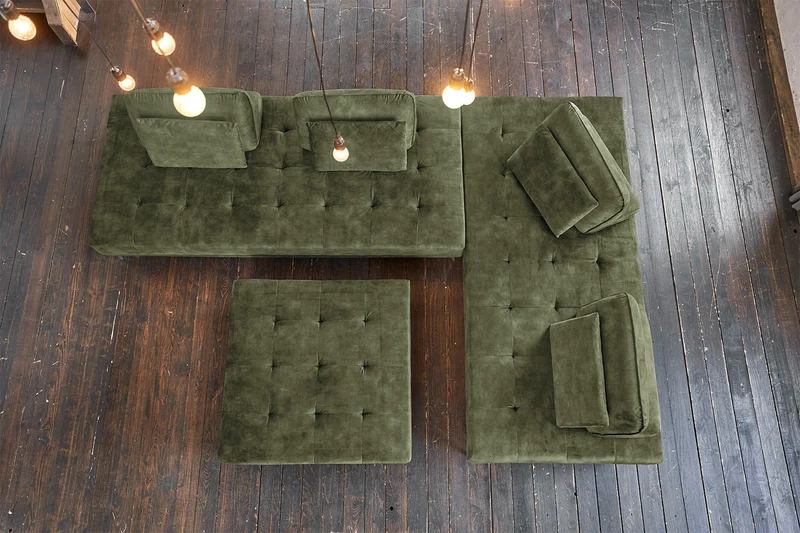 KAWOLA Sofa WIOLO Ecksofa velvet mit Hocker moosgrün