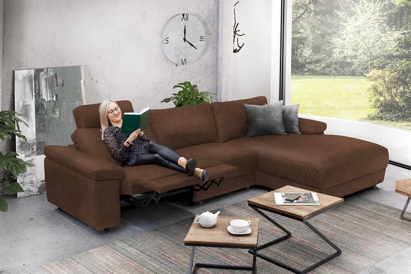 KAWOLA Sofa LOLA Ecksofa Leder braun mit motorischer Relaxfunktion