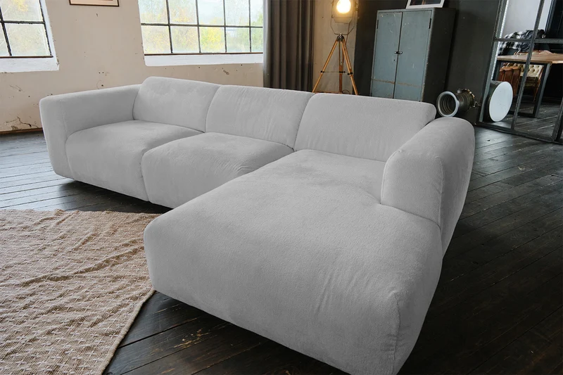 KAWOLA Sofa VALAR Ecksofa Stoff silber Recamiere rechts