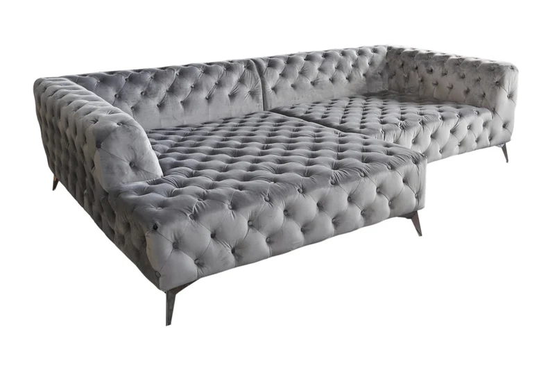 KAWOLA Sofa NARLA Ecksofa Chesterfield Stoff velvet silber Recamiere links