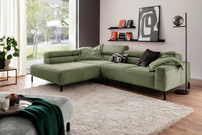 KAWOLA Sofa DELIA Ecksofa Cord olivgrün