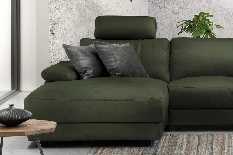 KAWOLA Sofa LOLA Ecksofa Leder moosgrün mit motorischer Relaxfunktion