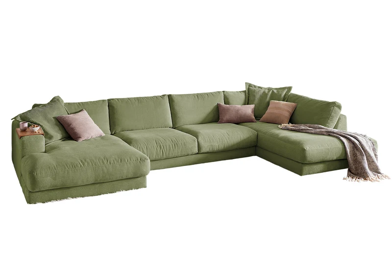 KAWOLA Sofa MADELINE Wohnlandschaft U-Form Cord olivgrün