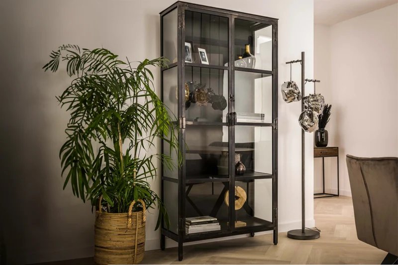 KAWOLA Highboard ARLES Vitrine Metall schwarz 2 Türen