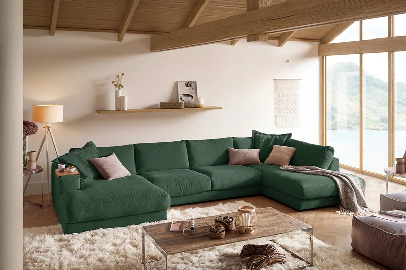 KAWOLA Sofa MADELINE Wohnlandschaft U-Form Cord smaragd