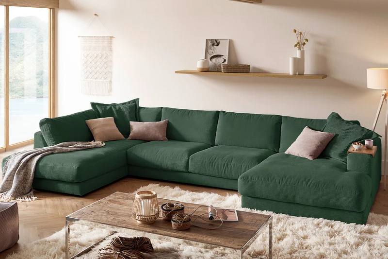 KAWOLA Sofa MADELINE Wohnlandschaft U-Form Cord smaragd