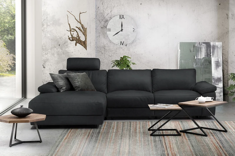 KAWOLA Sofa LOLA Ecksofa Leder schwarz mit motorischer Relaxfunktion