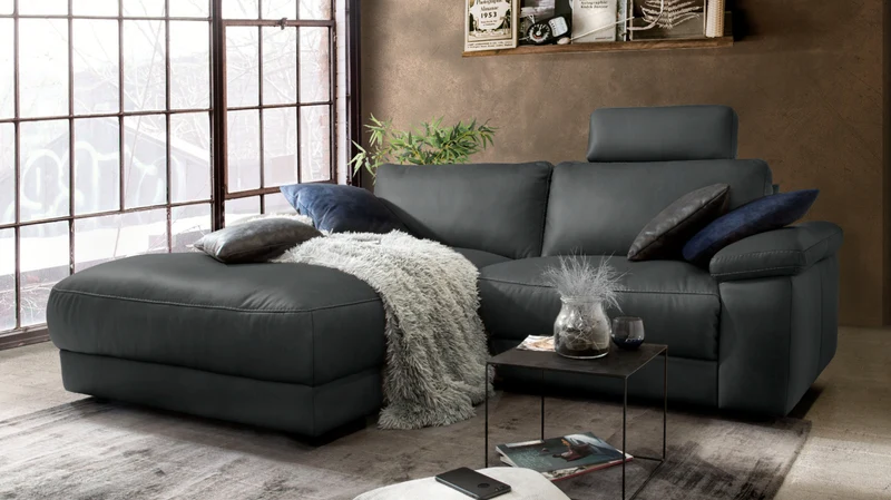 KAWOLA Sofa LOLA Ecksofa Leder schwarz mit motorischer Relaxfunktion