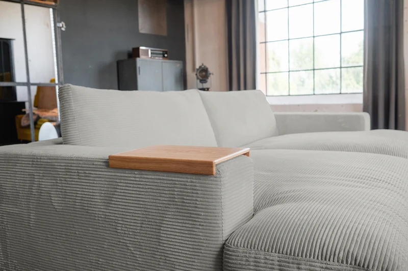 KAWOLA Big Sofa MADELINE Cord hellgrau mit Hocker und 4 Zierkissen
