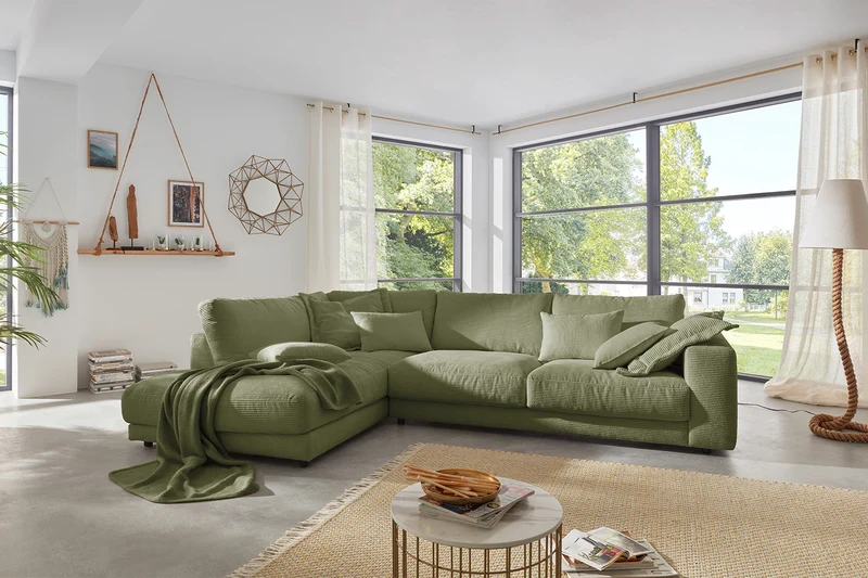 KAWOLA Sofa MADELINE Ecksofa mit Recamiere Cord olivgrün
