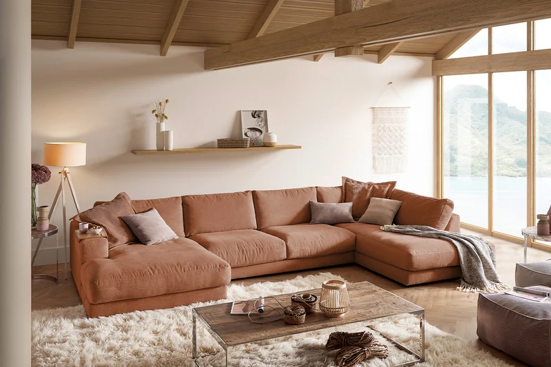 KAWOLA Sofa MADELINE Wohnlandschaft U-Form Cord rost