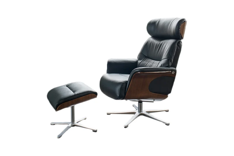 KAWOLA Sessel TOSAR Relaxsessel drehbar Leder schwarz mit Hocker