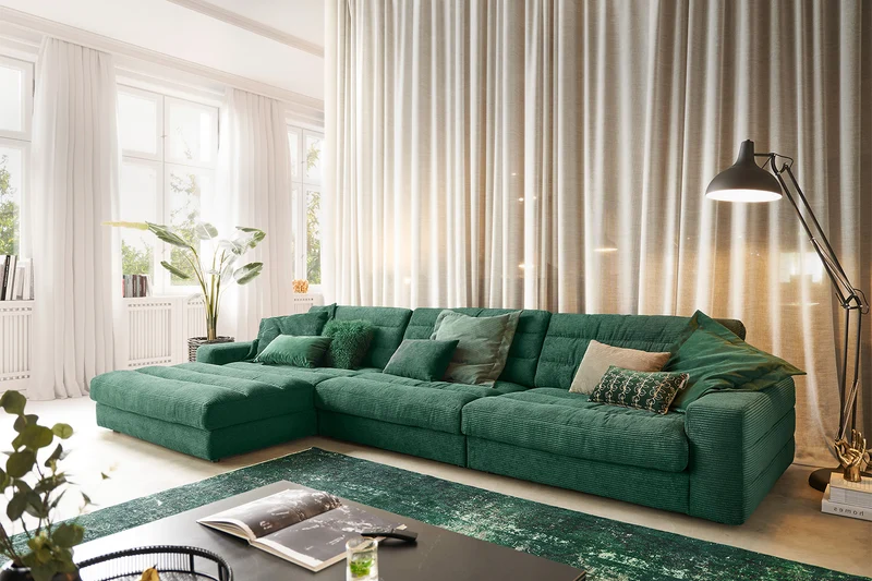 KAWOLA Sofa LANA XL Ecksofa Cord smaragd