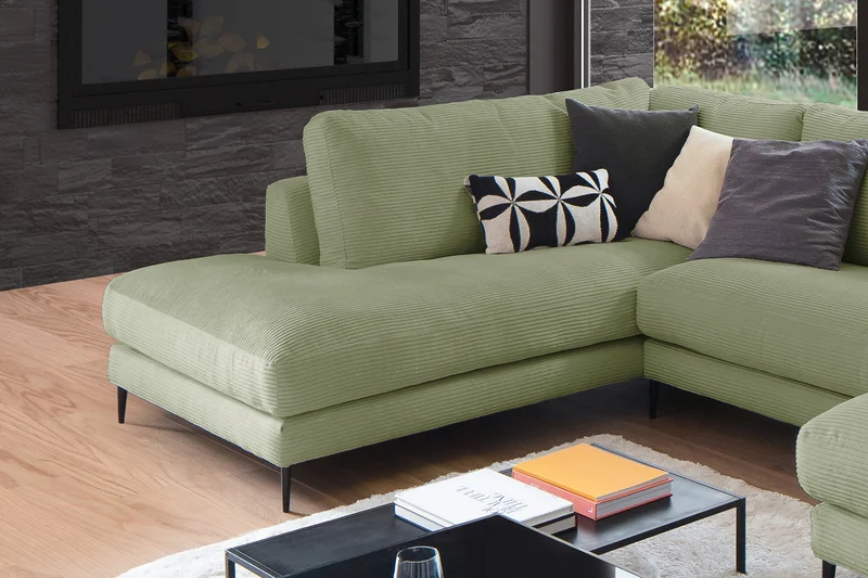 KAWOLA Sofa CARA Wohnlandschaft U-Form Cord olivgrün