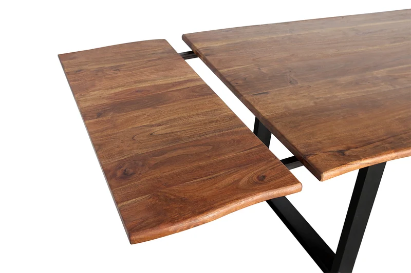 KAWOLA Esstisch LORE 140x90cm Akazie massiv nussbaumfarben natürliche Baumkante mit 2 Ansteckplatten