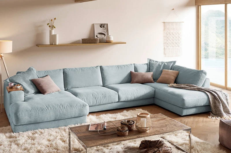 KAWOLA Sofa MADELINE Wohnlandschaft U-Form Cord hellblau