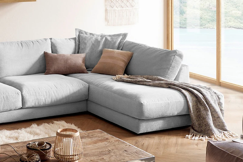 KAWOLA Sofa MADELINE Wohnlandschaft U-Form Cord hellgrau
