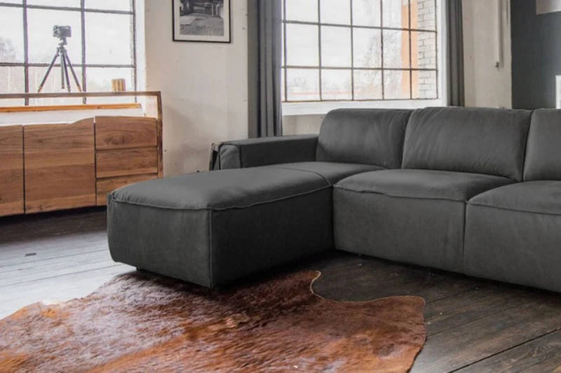 KAWOLA Ecksofa EXTRA Sofa Leder grau Recamiere links groß mit manueller Sitztiefenverstellung