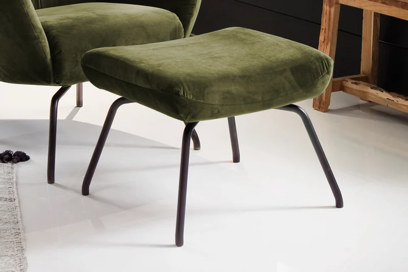 KAWOLA Sessel LOTTE Ohrensessel velvet olivgrün mit Hocker