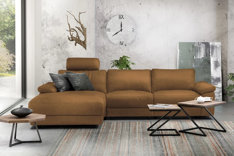 KAWOLA Sofa LOLA Ecksofa Leder cognac mit motorischer Relaxfunktion