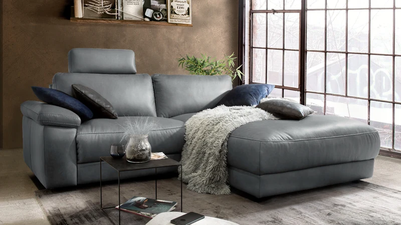 KAWOLA Sofa LOLA Ecksofa Leder grau mit motorischer Relaxfunktion