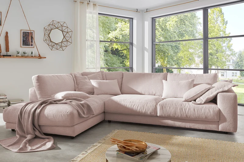 KAWOLA Sofa MADELINE Ecksofa mit Recamiere Cord rosa