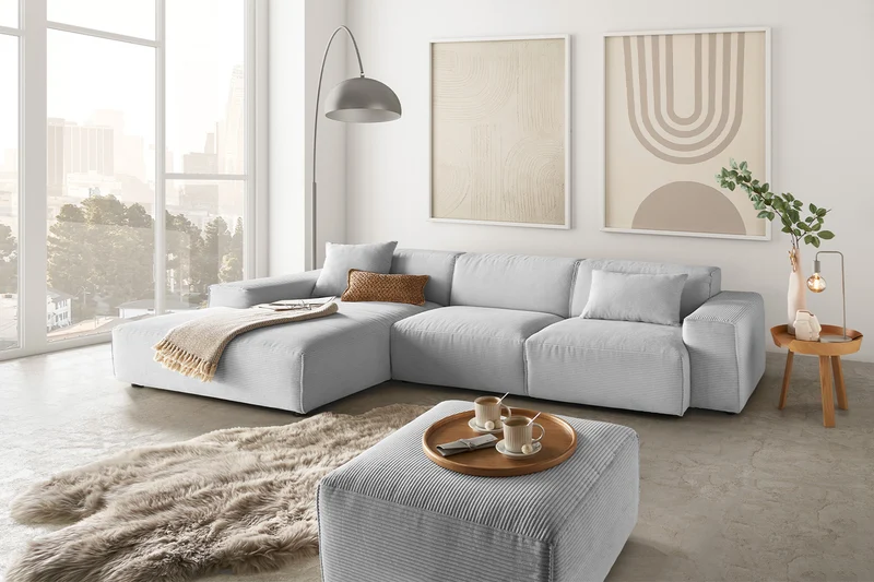 KAWOLA Sofa RANI Ecksofa Cord hellgrau