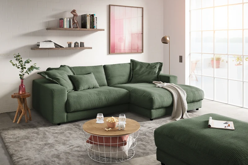 KAWOLA Sofa MADELINE Ecksofa mit Longchair Cord olivgrün