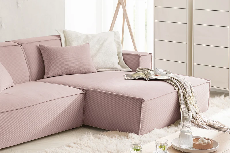 KAWOLA Sofa SAMU Ecksofa Feincord rosa