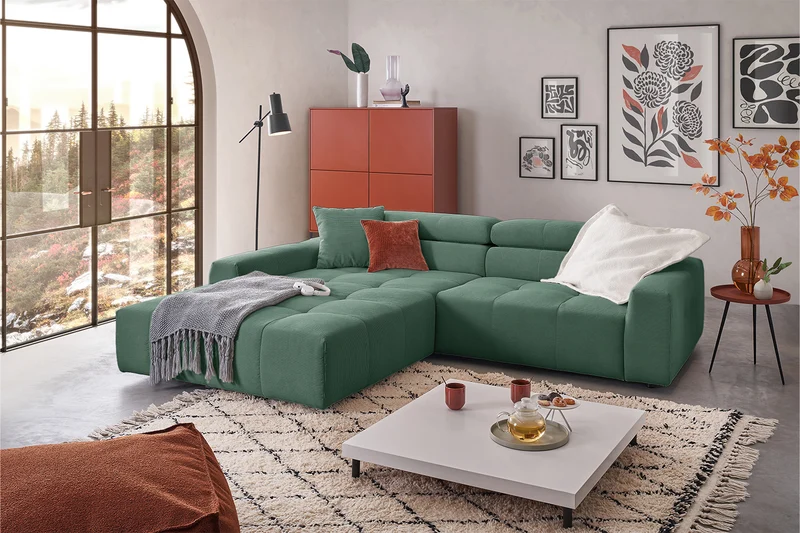 KAWOLA Sofa RENO Ecksofa Feincord grün
