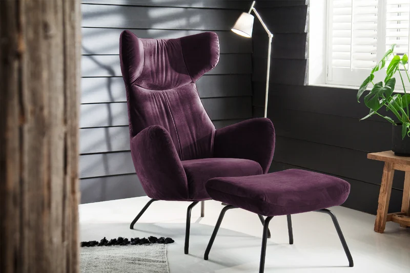 KAWOLA Sessel LOTTE Ohrensessel velvet purple mit Hocker