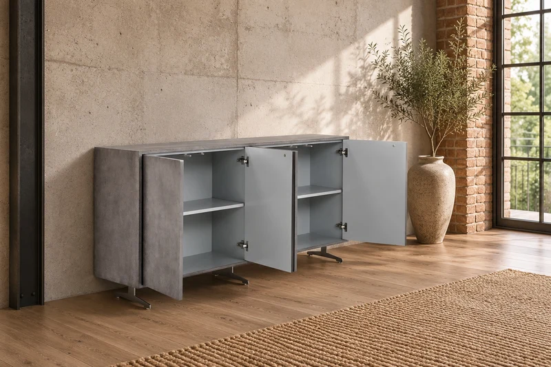 KAWOLA Sideboard GALA 4 Türen Kunstleder grau Fuß Edelstahl gebürstet