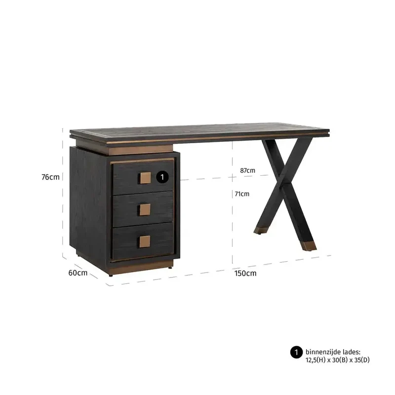 Richmond Interiors Schreibtisch Schreibtisch Hunter 3-Schubladen (Schwarz rustikal)