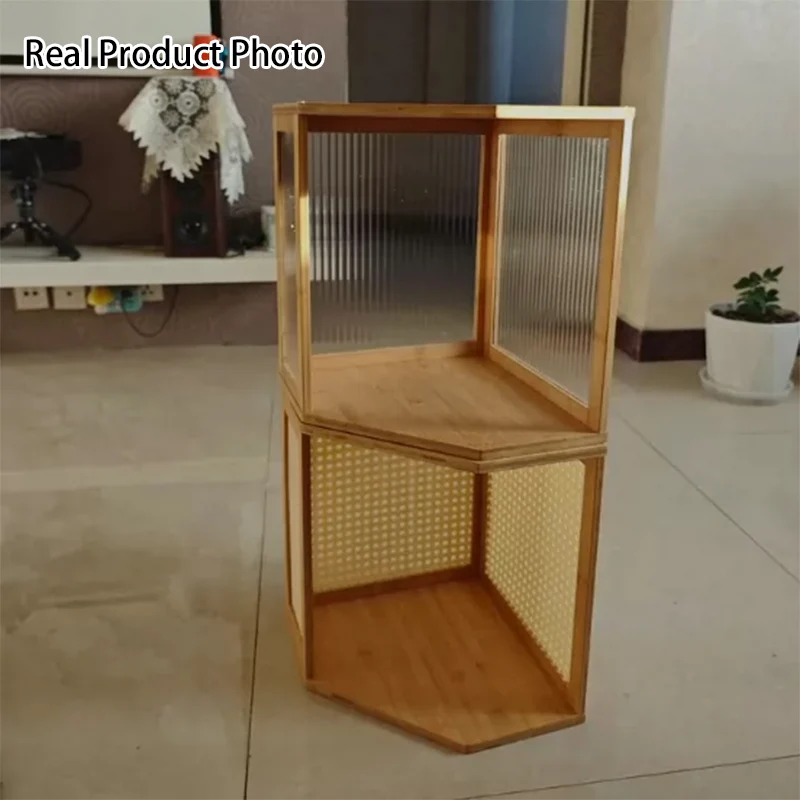 Modern Minimalist Bamboo Acrylic Faux Rattan Stackable Polygon Corner Storage Cabinet 2-Tier For Bedroom