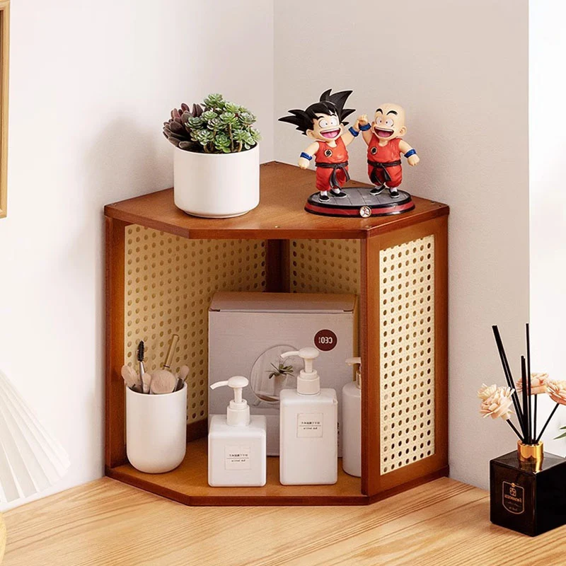 Modern Minimalist Bamboo Acrylic Faux Rattan Stackable Polygon Corner Storage Cabinet 2-Tier For Bedroom