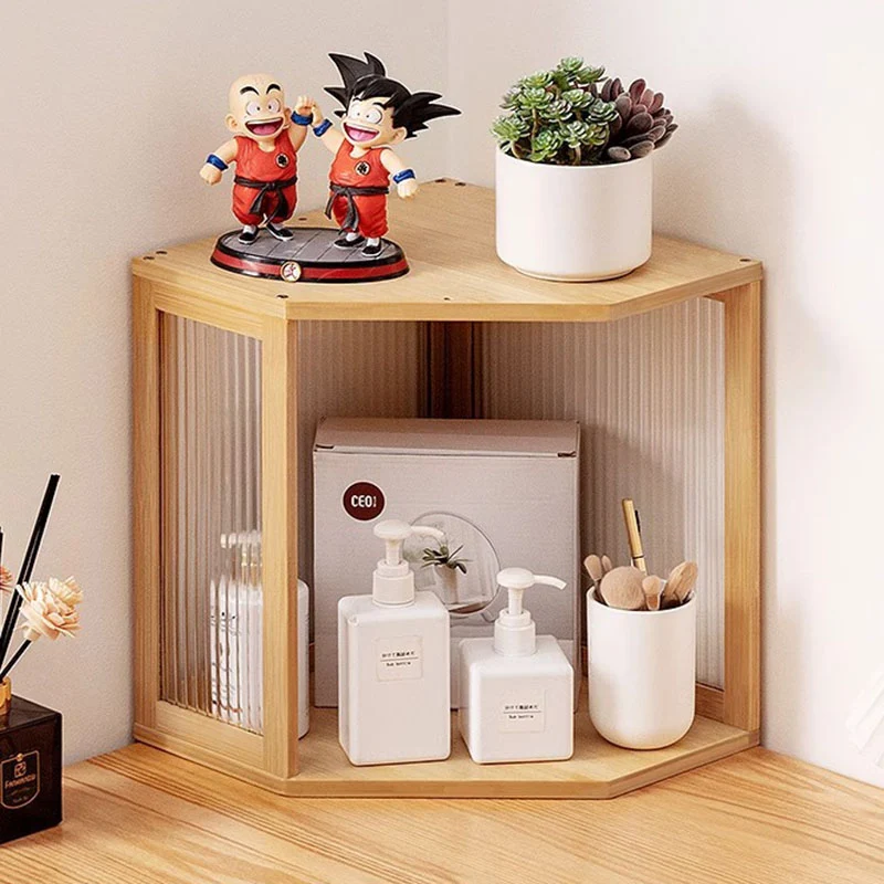 Modern Minimalist Bamboo Acrylic Faux Rattan Stackable Polygon Corner Storage Cabinet 2-Tier For Bedroom