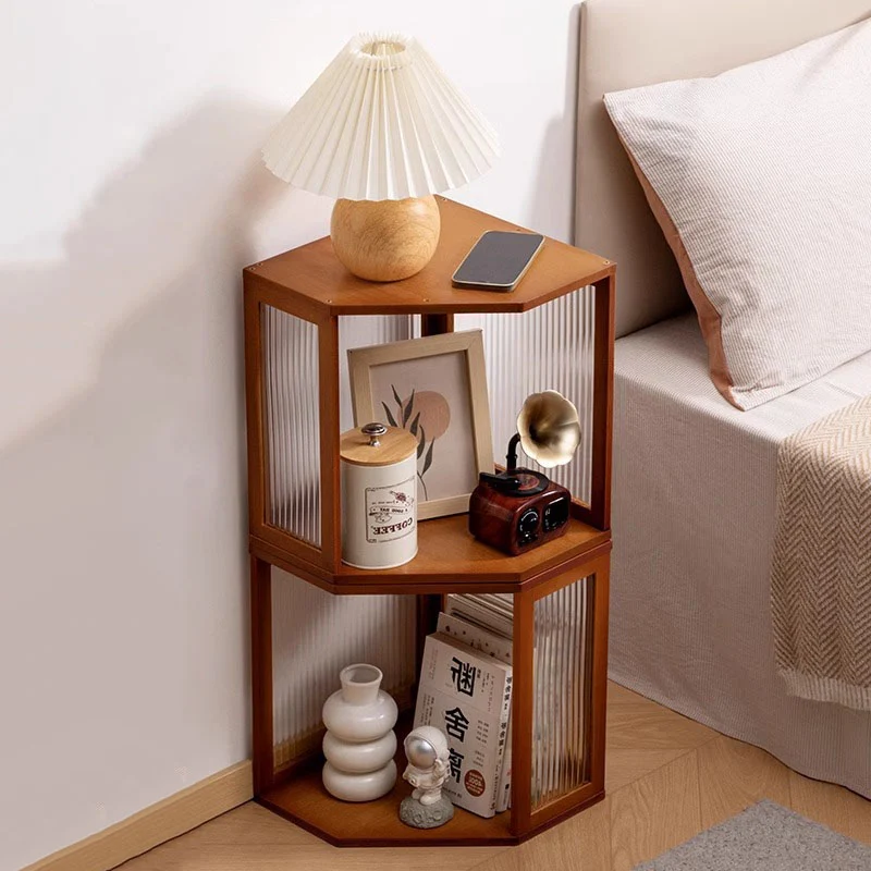 Modern Minimalist Bamboo Acrylic Faux Rattan Stackable Polygon Corner Storage Cabinet 2-Tier For Bedroom