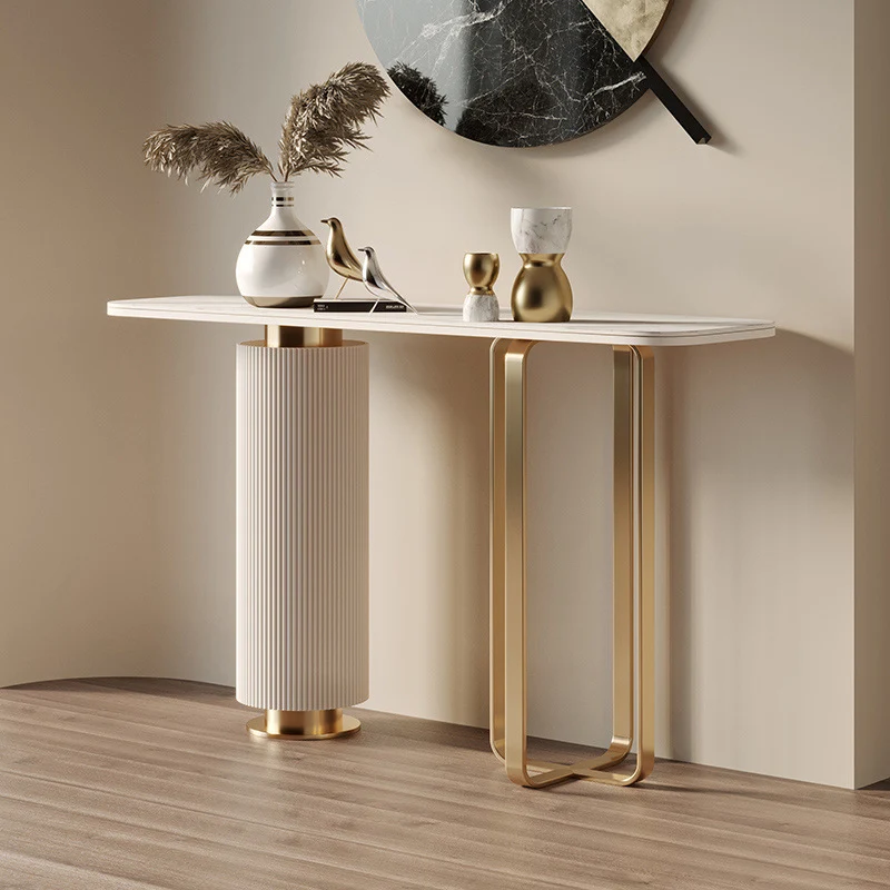 Contemporary Nordic Rock Slab Carbon Steel Pine Wood Rectangular Console Table 1-Tier For Entryways & Hallway