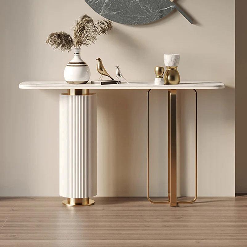 Contemporary Nordic Rock Slab Carbon Steel Pine Wood Rectangular Console Table 1-Tier For Entryways & Hallway
