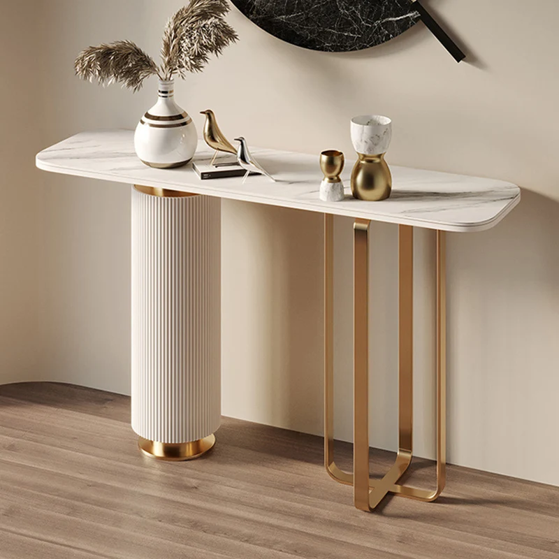 Contemporary Nordic Rock Slab Carbon Steel Pine Wood Rectangular Console Table 1-Tier For Entryways & Hallway