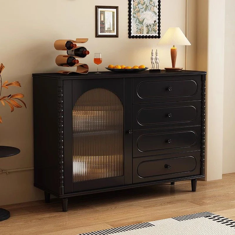 Modern Minimalist Rectangular Rubberwood Plywood Glass Sideboard Storage Cabinet 4-Drawer For Living Room & Dining Room