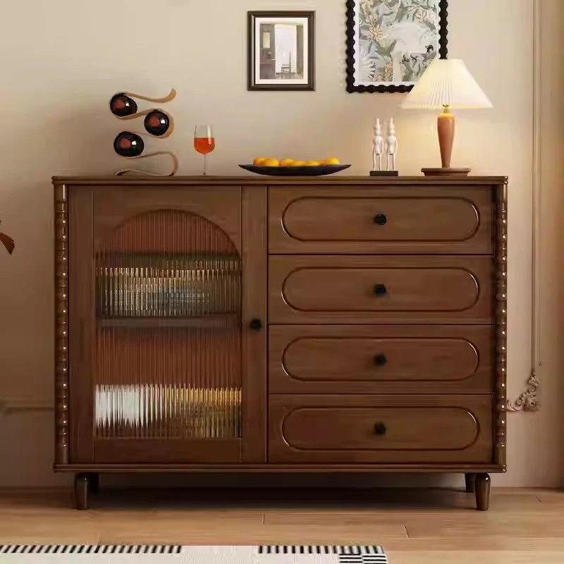 Modern Minimalist Rectangular Rubberwood Plywood Glass Sideboard Storage Cabinet 4-Drawer For Living Room & Dining Room