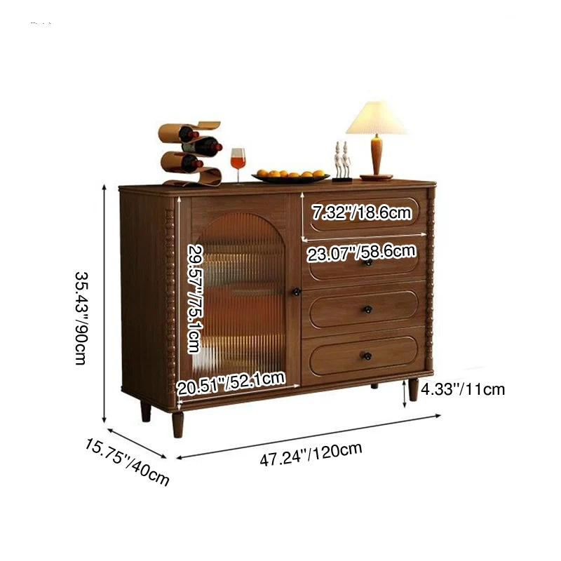 Modern Minimalist Rectangular Rubberwood Plywood Glass Sideboard Storage Cabinet 4-Drawer For Living Room & Dining Room
