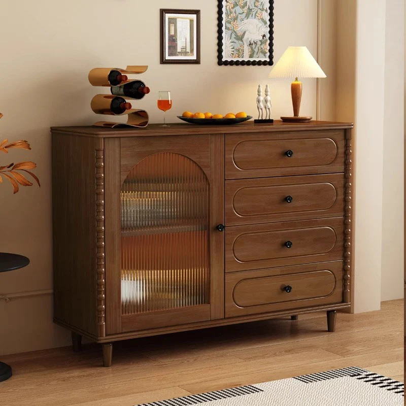 Modern Minimalist Rectangular Rubberwood Plywood Glass Sideboard Storage Cabinet 4-Drawer For Living Room & Dining Room
