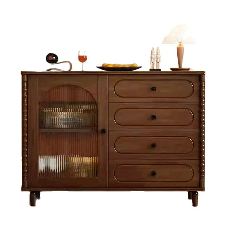 Modern Minimalist Rectangular Rubberwood Plywood Glass Sideboard Storage Cabinet 4-Drawer For Living Room & Dining Room